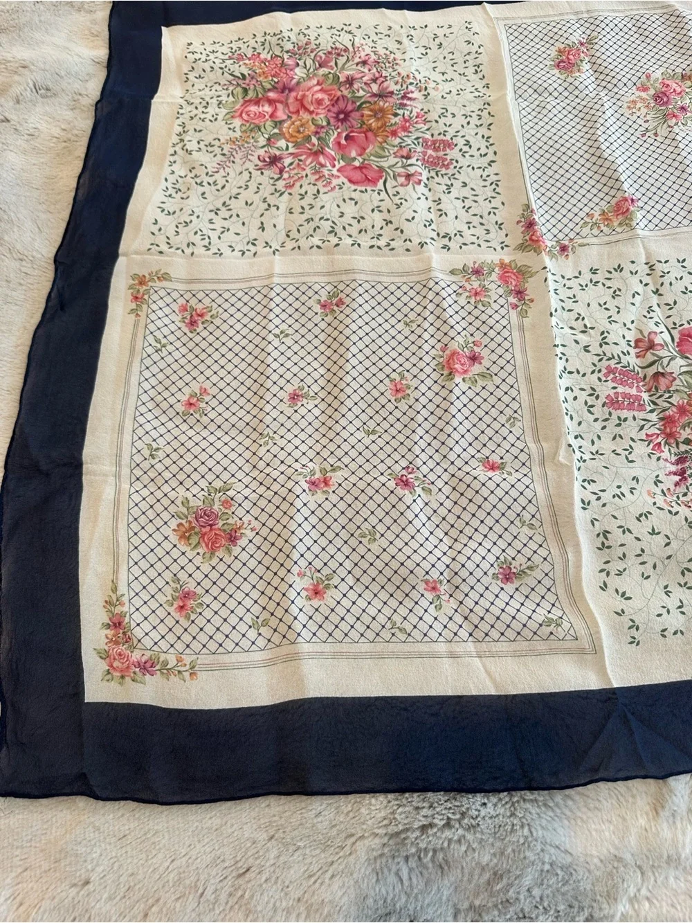 Yves Saint Laurent Cream Silk Scarf with Pink Floral & Navy Border